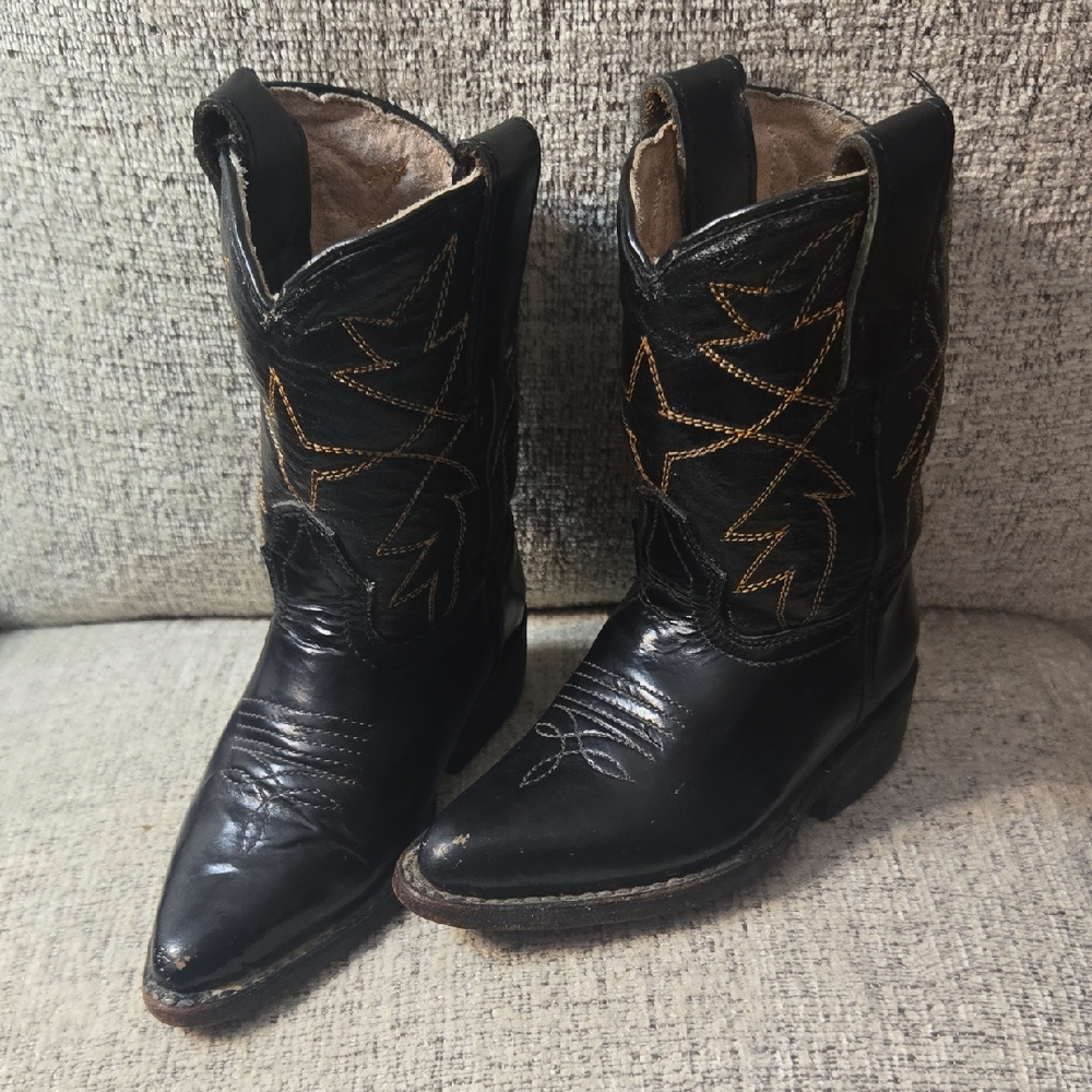 Black Kids Cowboy Boots 6.50" Leather Botas Tejas